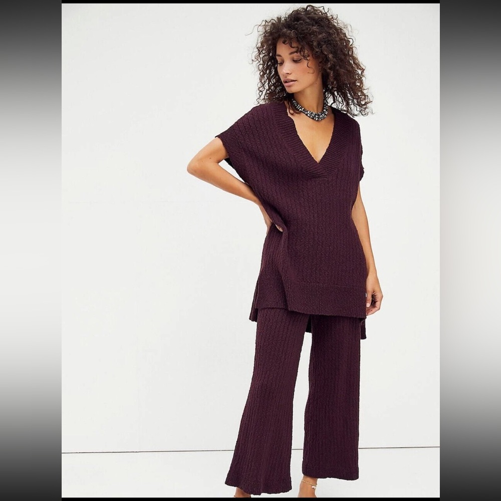 Free People Ribbed Knit V-Neck Tunic & Wide Leg Pant Set in Plum